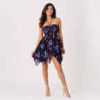 Women's Floral Print Strapless Handkerchief Dress-1