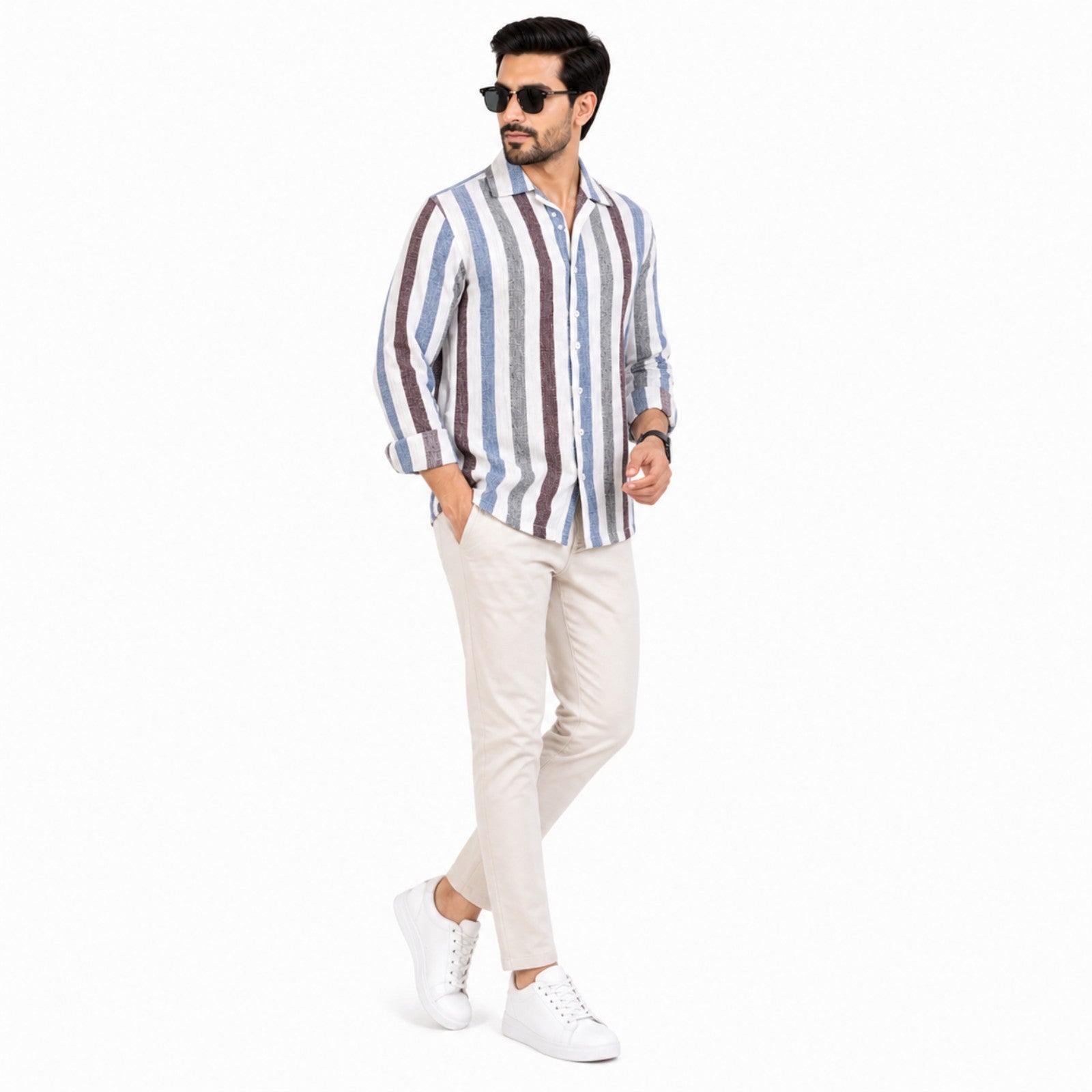 Men's Blue & Brown Vertical Stripe Casual Shirt-4