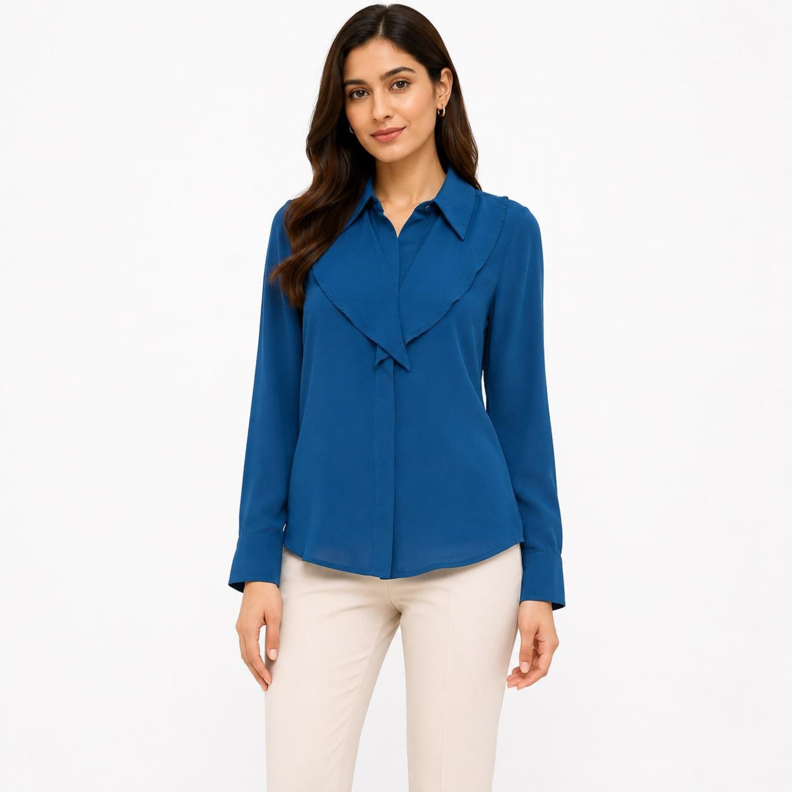 Women's Teal Ruffle Front Full Sleeve Shirt-1