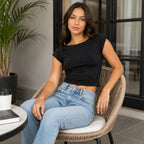 Women's Black Boat Neck Cap Sleeve Cropped Fitted Top-3