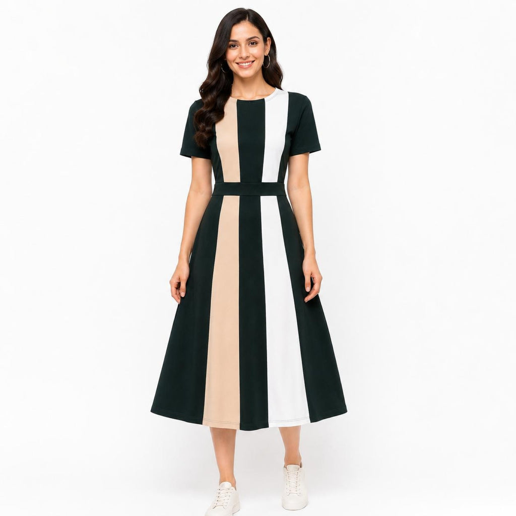 Women's Green & Beige Vertical Color Block Round Neck A-Line Midi Dress-2