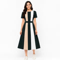 Women's Green & Beige Vertical Color Block Round Neck A-Line Midi Dress-2