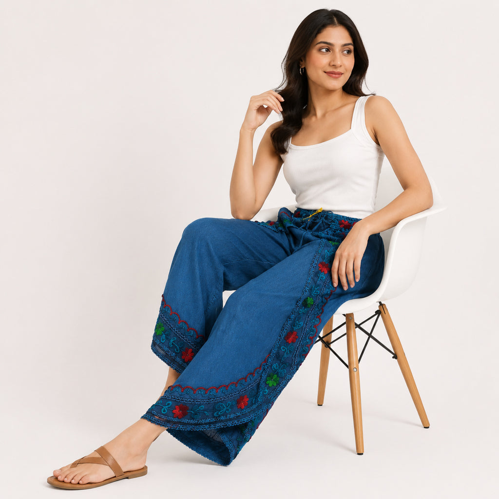 Women's Boho Embroidered Harem Pants – Navy Blue-3