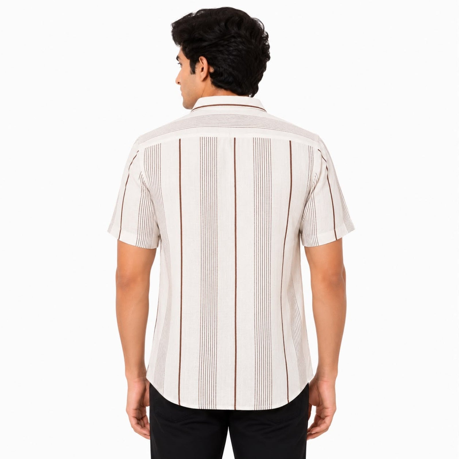 Men's Beige Vertical Striped Half Sleeve Casual Shirt-4