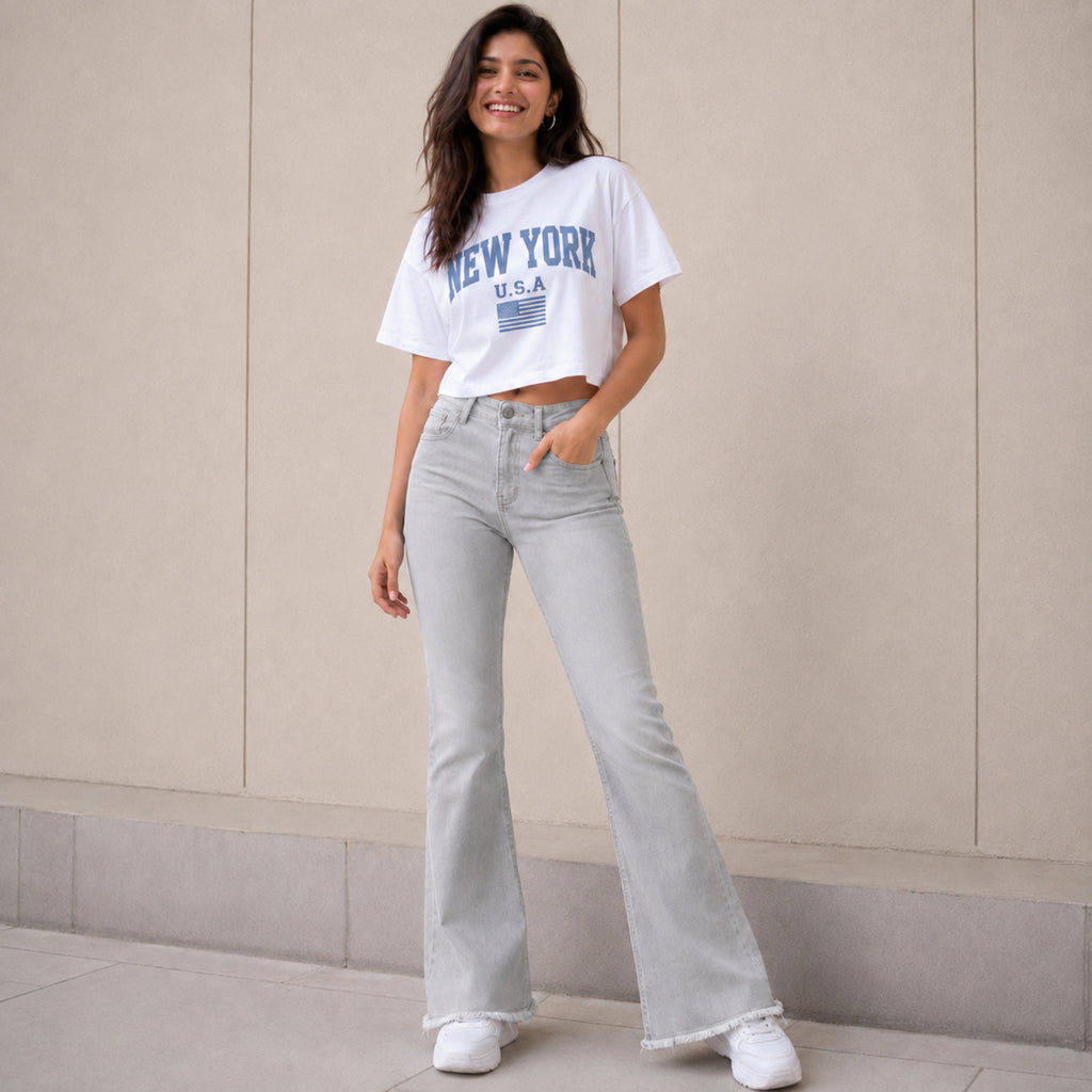 Women's Light Grey Flared Fit Denim Jeans-1