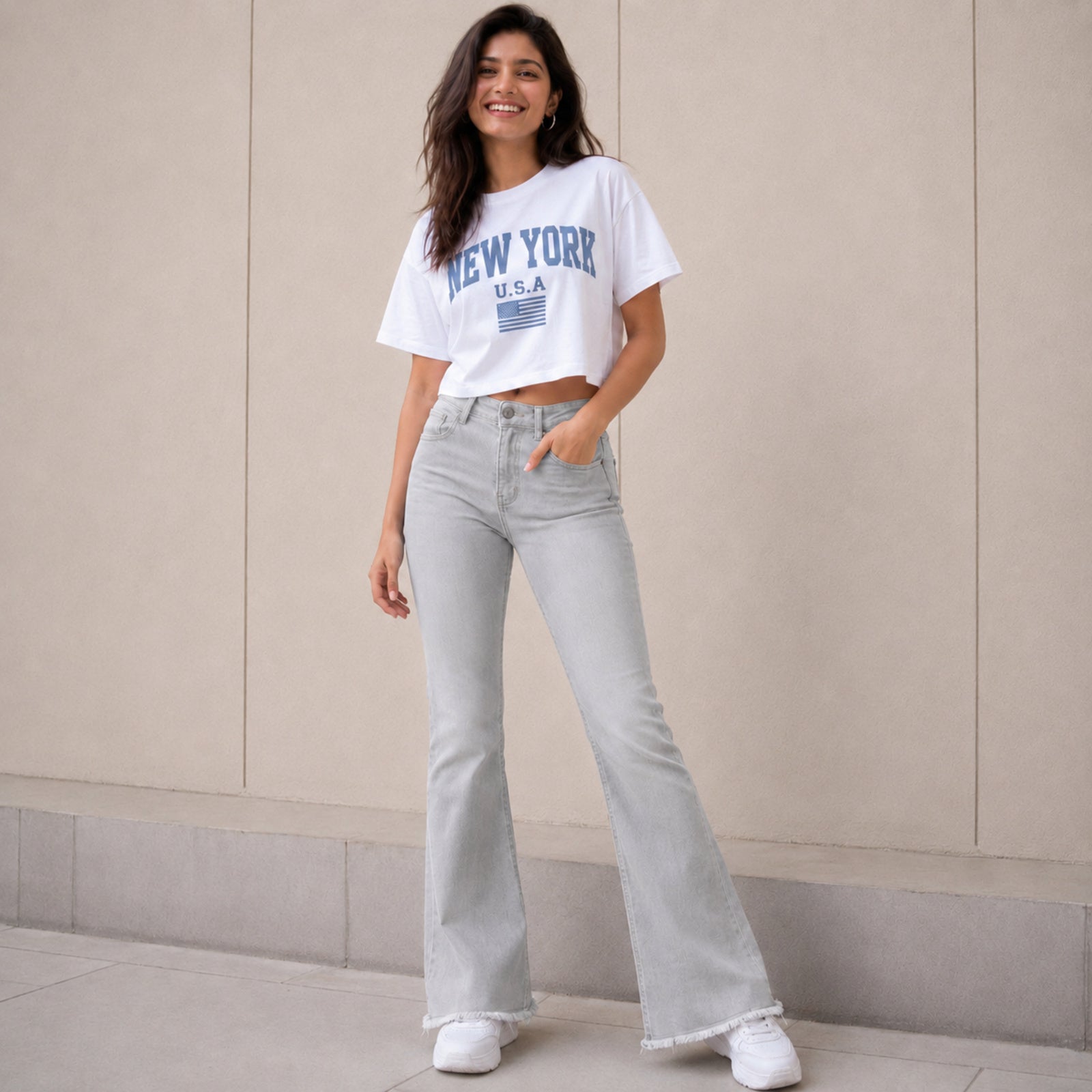 Women's Light Grey Flared Fit Denim Jeans-1