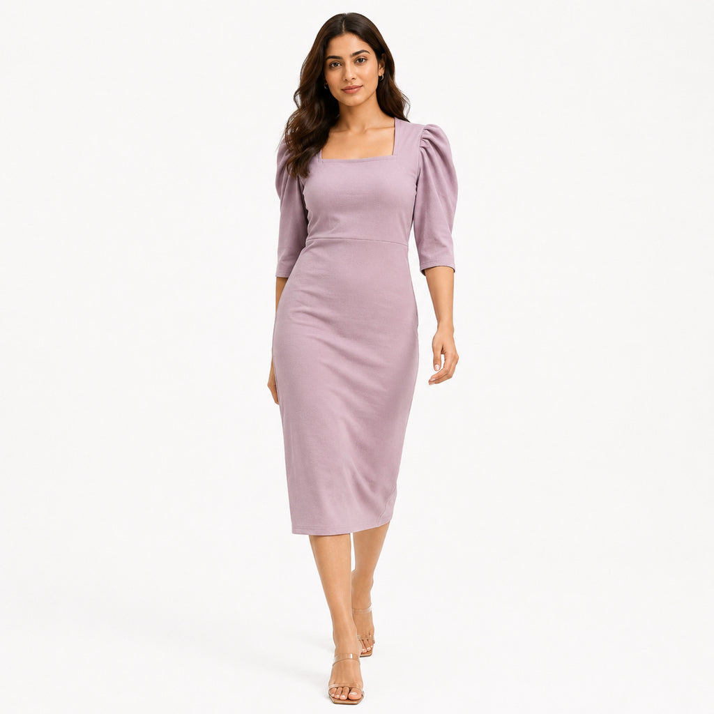 Women's Light Pink Square Neck Bodycon Midi Dress with Puff Sleeves-1