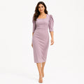 Women's Light Pink Square Neck Bodycon Midi Dress with Puff Sleeves-1