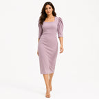 Women's Light Pink Square Neck Bodycon Midi Dress with Puff Sleeves-1