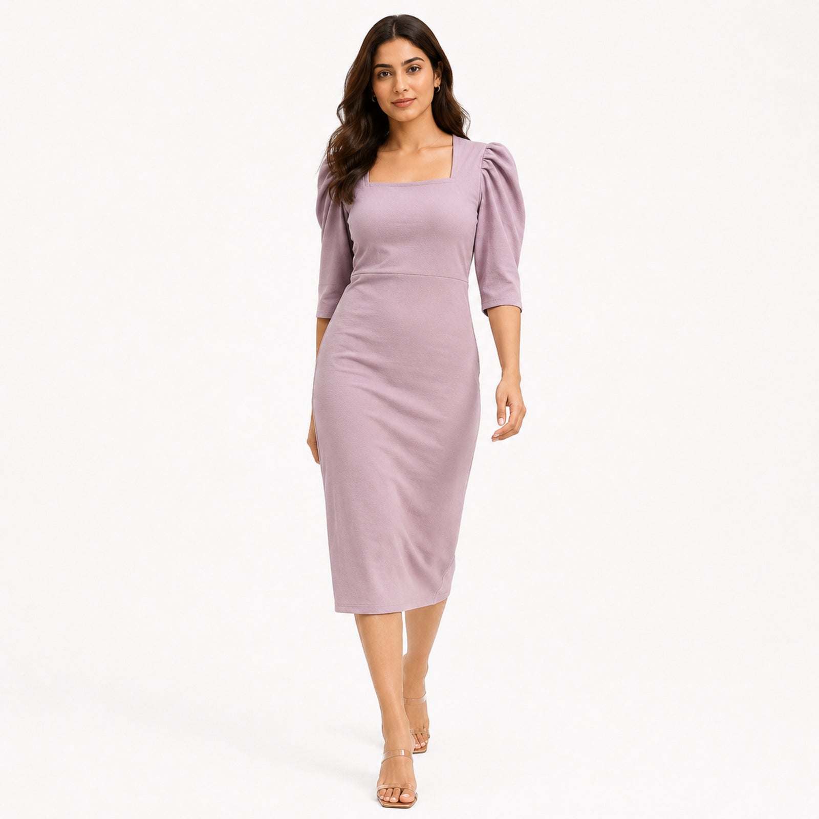Women's Light Pink Square Neck Bodycon Midi Dress with Puff Sleeves-1