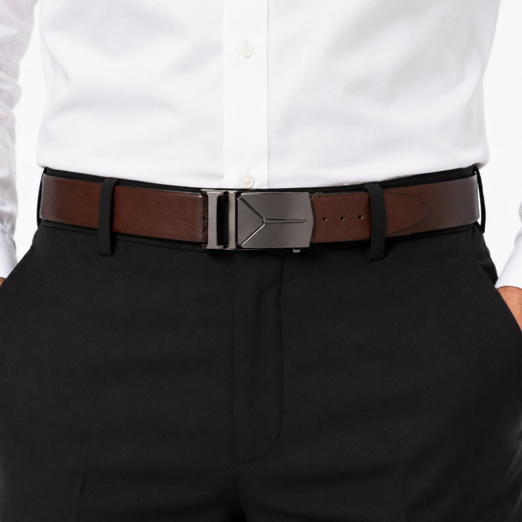 Men's Black & Brown Leather Belt with Automatic Buckle-2