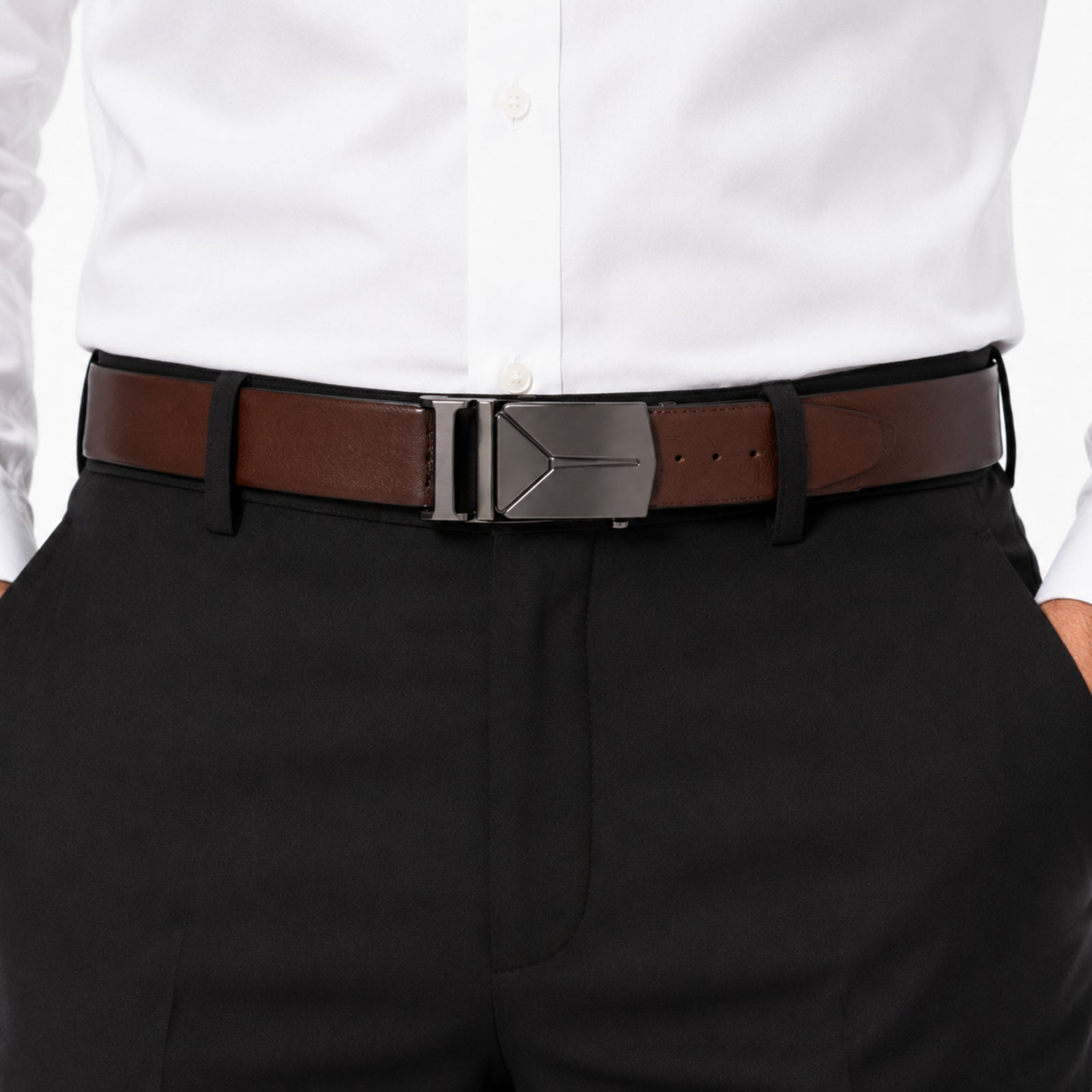 Men's Black & Brown Leather Belt with Automatic Buckle-2