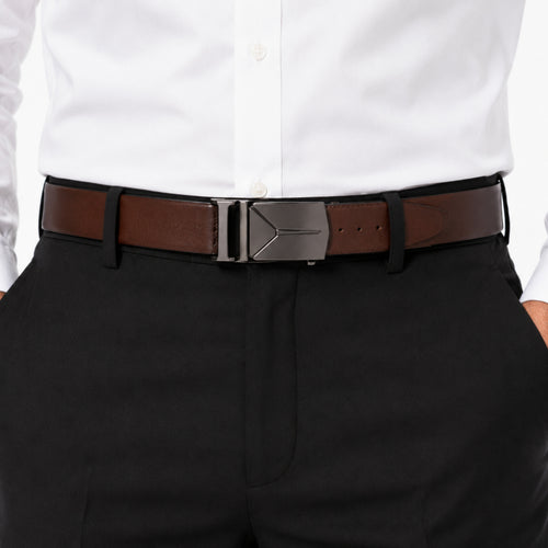 Men's Black & Brown Leather Belt with Automatic Buckle-2