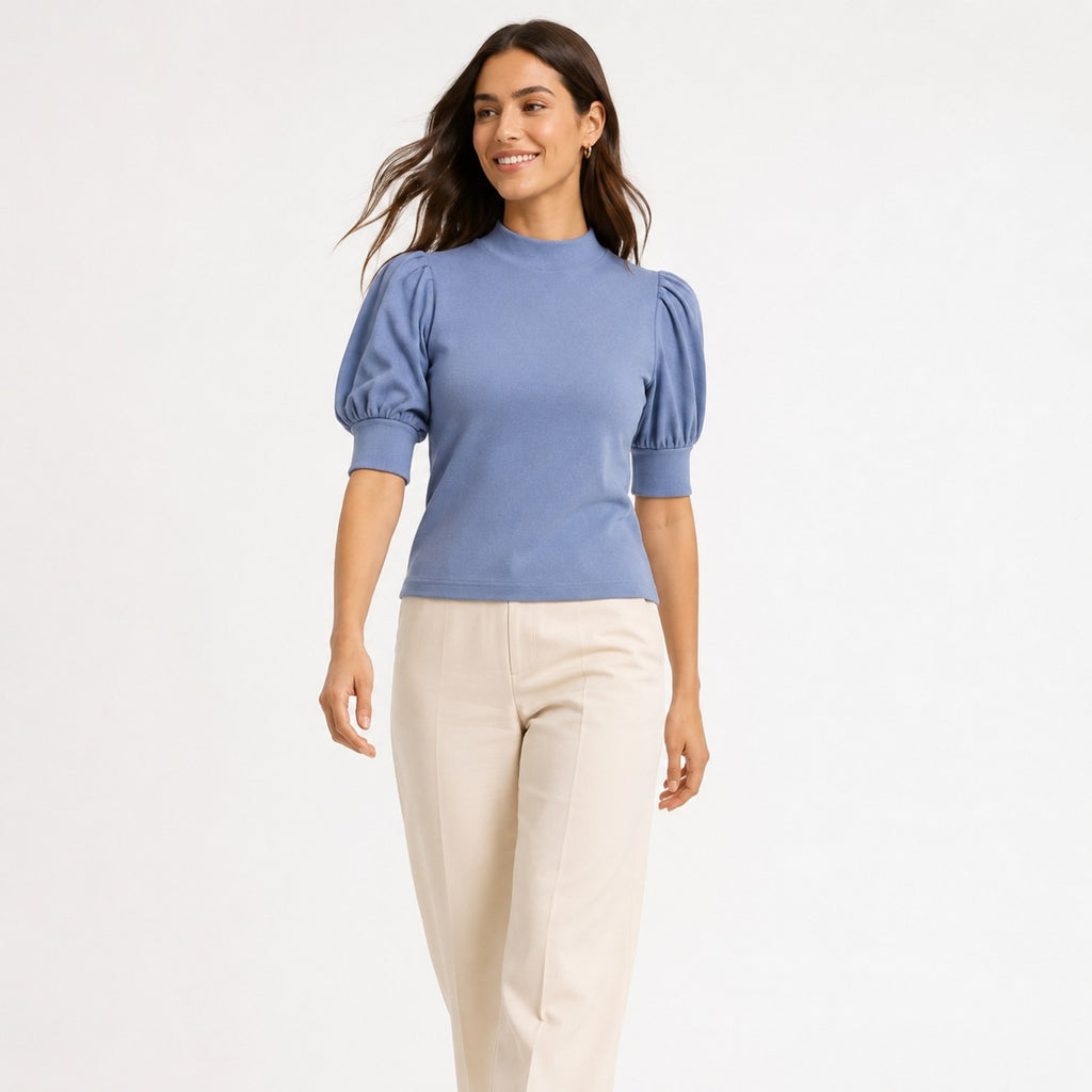 Women's Blue Puff Sleeve High Neck Knit Top-2