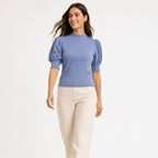Women's Blue Puff Sleeve High Neck Knit Top-2