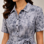 Women's Chic Botanical Print Collared Flare Shirt Dress-3
