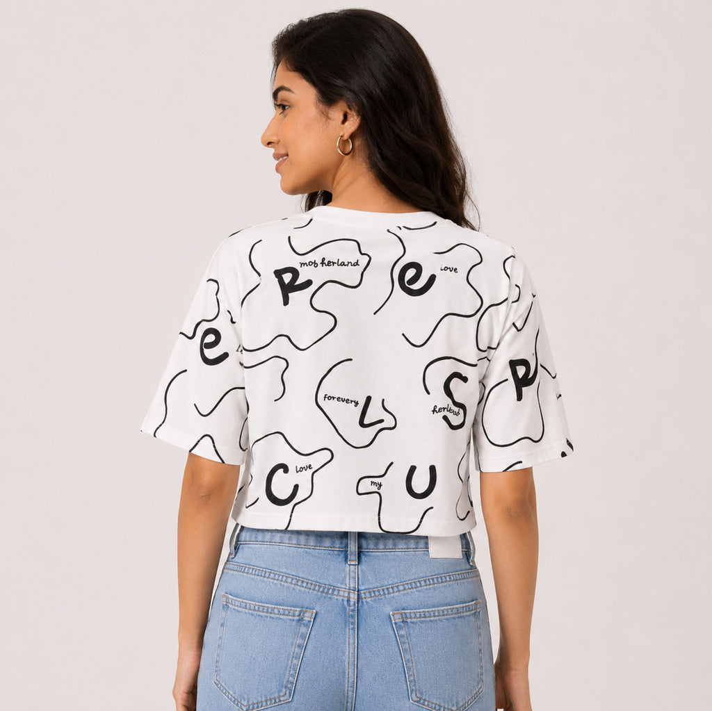 Women's Celestial Alabaster White "Peace" Graphic Tee with Abstract Monochromatic Typography-4