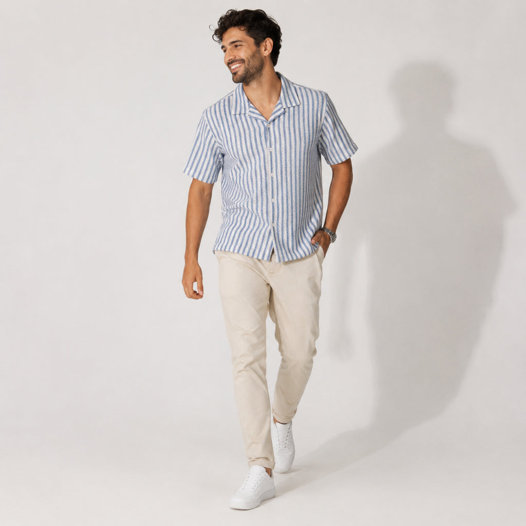 Men's White & Blue Vertical Stripe Cuban Collar Shirt-3