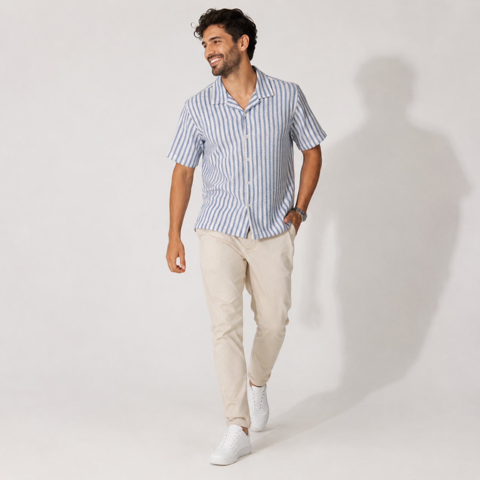 Men's White & Blue Vertical Stripe Cuban Collar Shirt-3