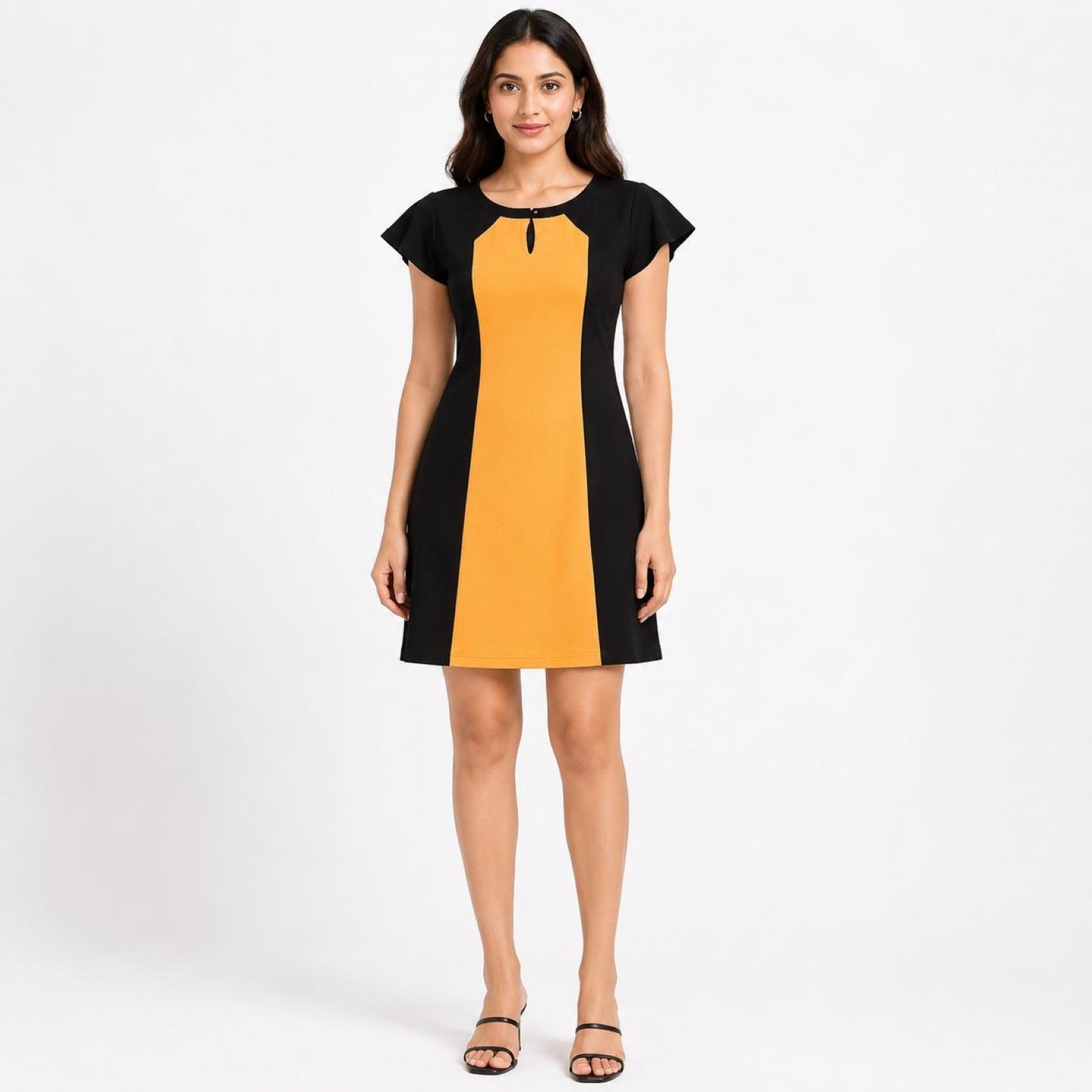 Women's Yellow & Black Color Block Cap Sleeve Sheath Mini Dress-2