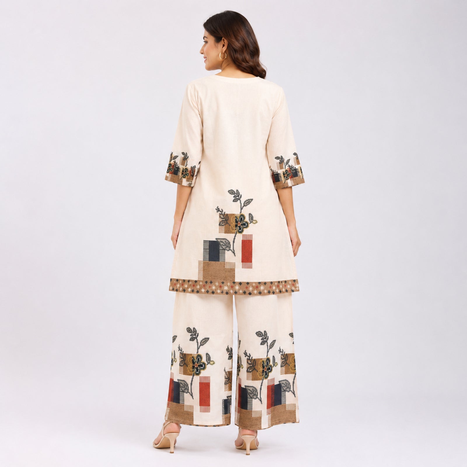 Women's Printed Beige V-Neck Kurta and Wide-Leg Pant Co-Ord Set | Floral Ethnic Two-Piece Set-4