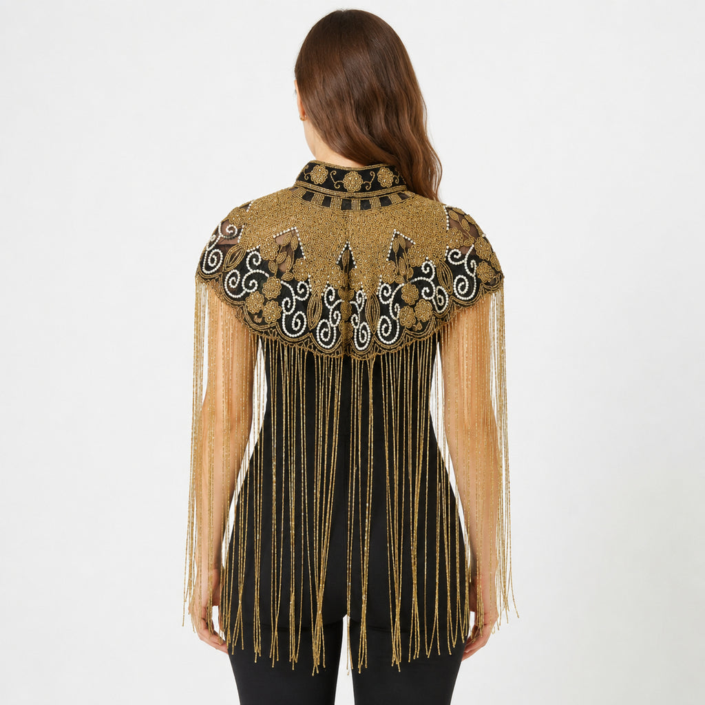 Women's Golden Embroidered Fringe Poncho-2