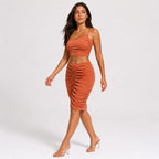 Women's Orange Solid One-Shoulder Sleeveless Ruched Co-Ord Set with Crop Top and Midi Skirt-2