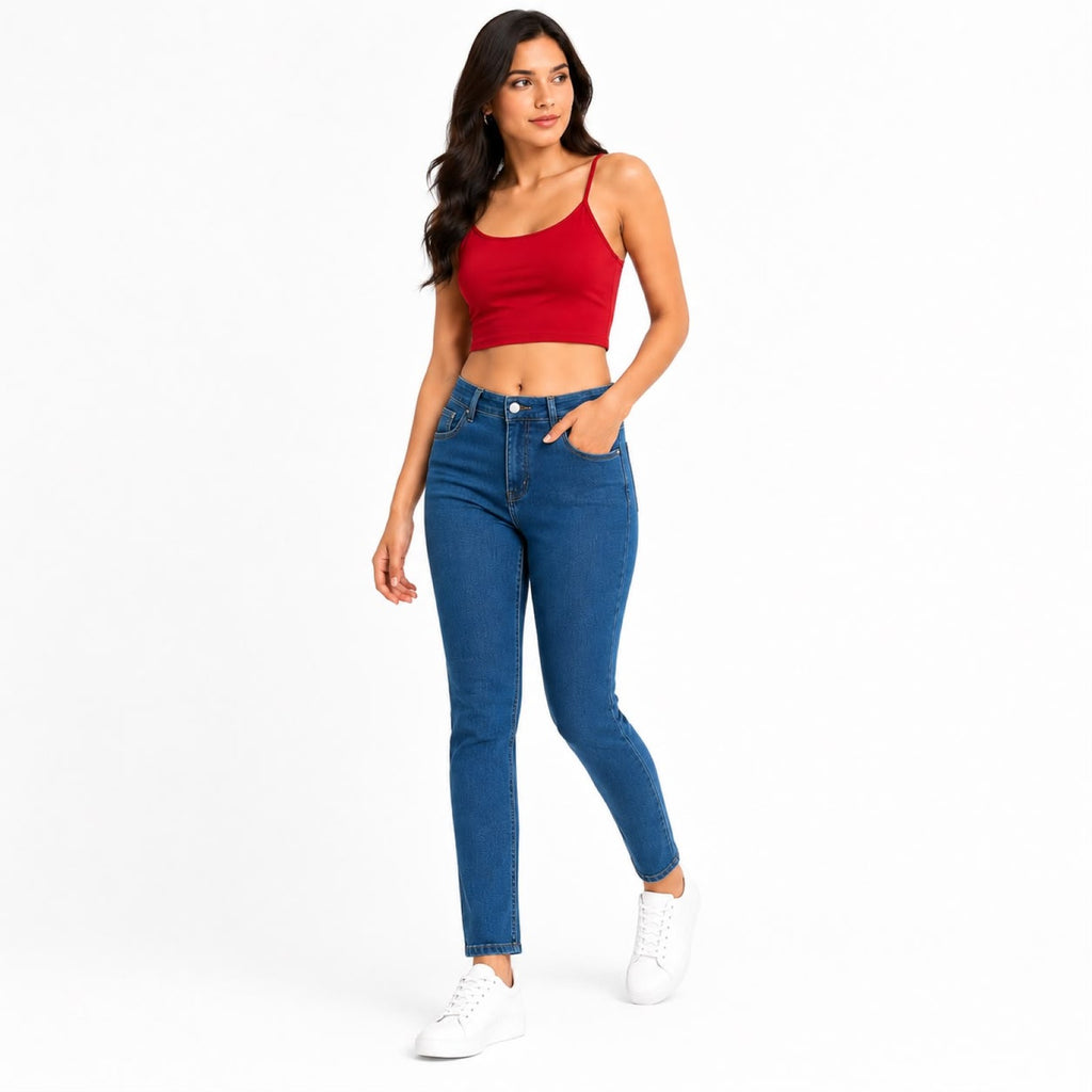 Women's Blue High-Rise Straight Fit Denim Jeans with Clean Wash-2