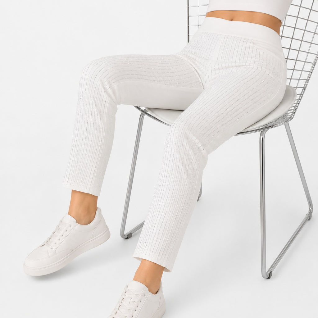 Women's Pristine White Textured Pinstripe Cropped Trousers-3