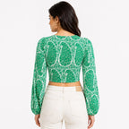 Women's Green Paisley Print Long Sleeve Crop Top-4