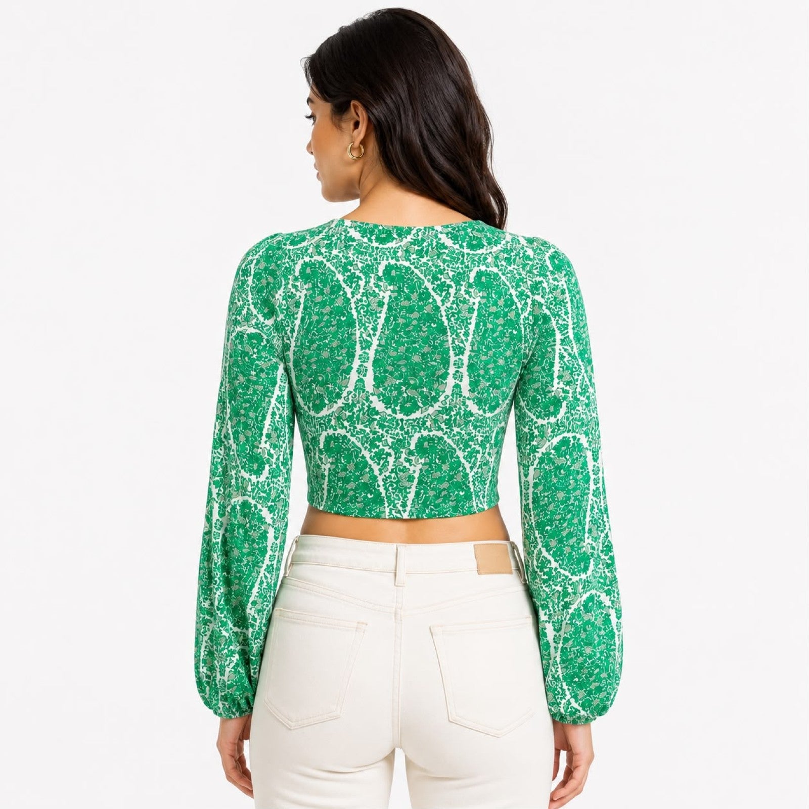 Women's Green Paisley Print Long Sleeve Crop Top-4