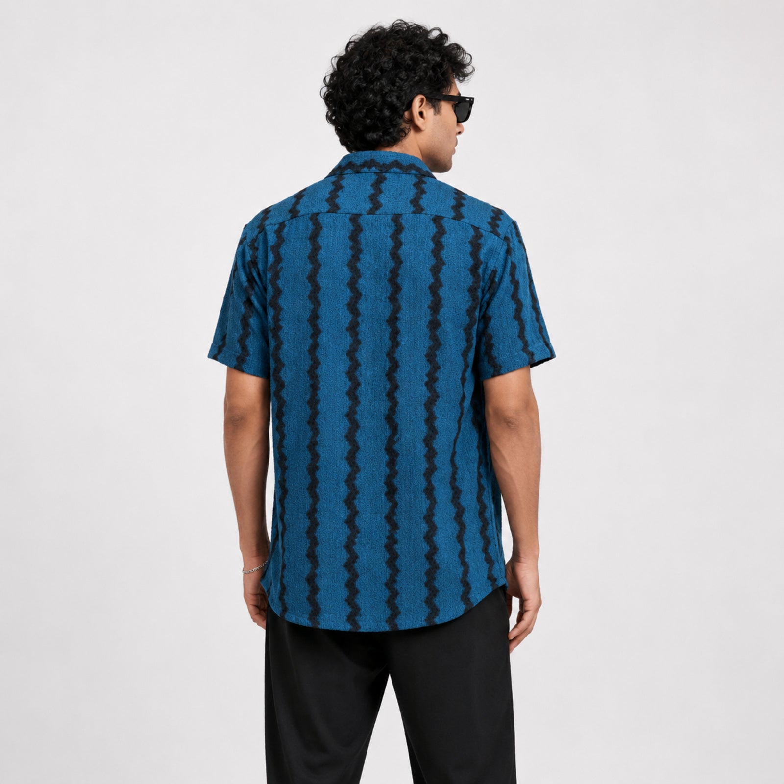 Men's Teal Textured Resort Collar Printed Shirt-1