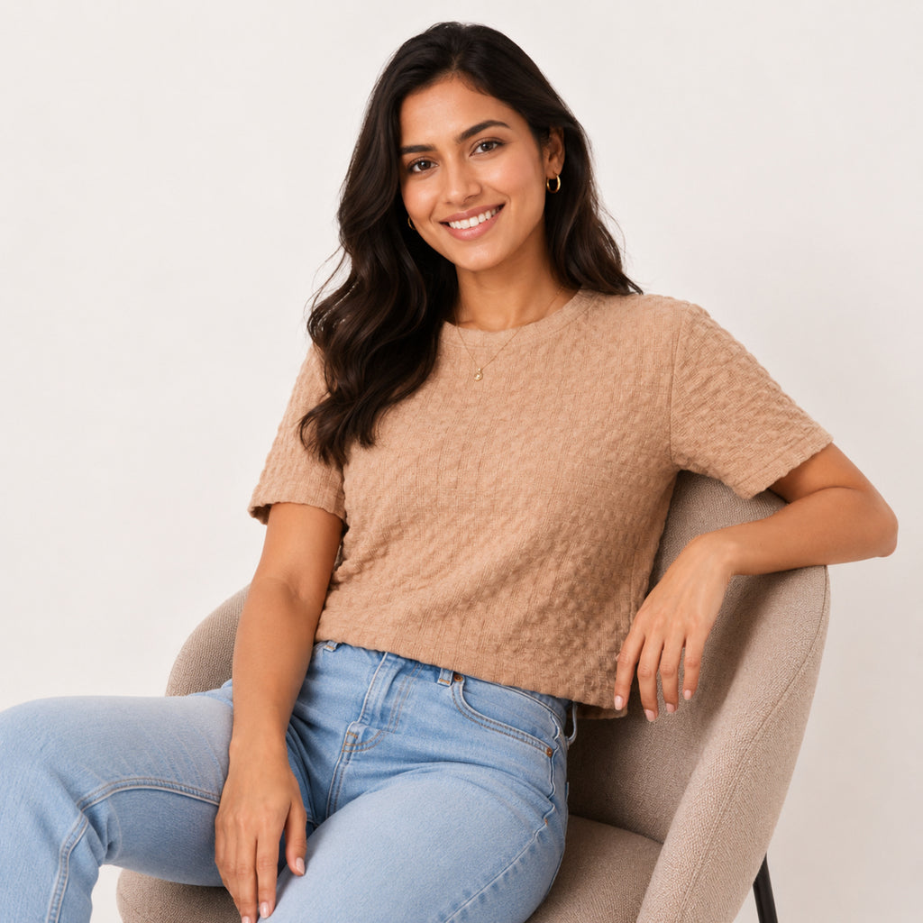 Women's Brown Textured Short Sleeve Top-2