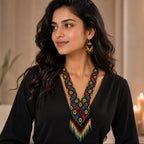 Women's Obsidian Floral Geometric Hand-Beaded Jewelry Set with V-Neck Fringe Necklace and Drop Earrings-3