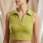 Women's Parrot Green Ribbed Sleeveless Crop Polo Top-4