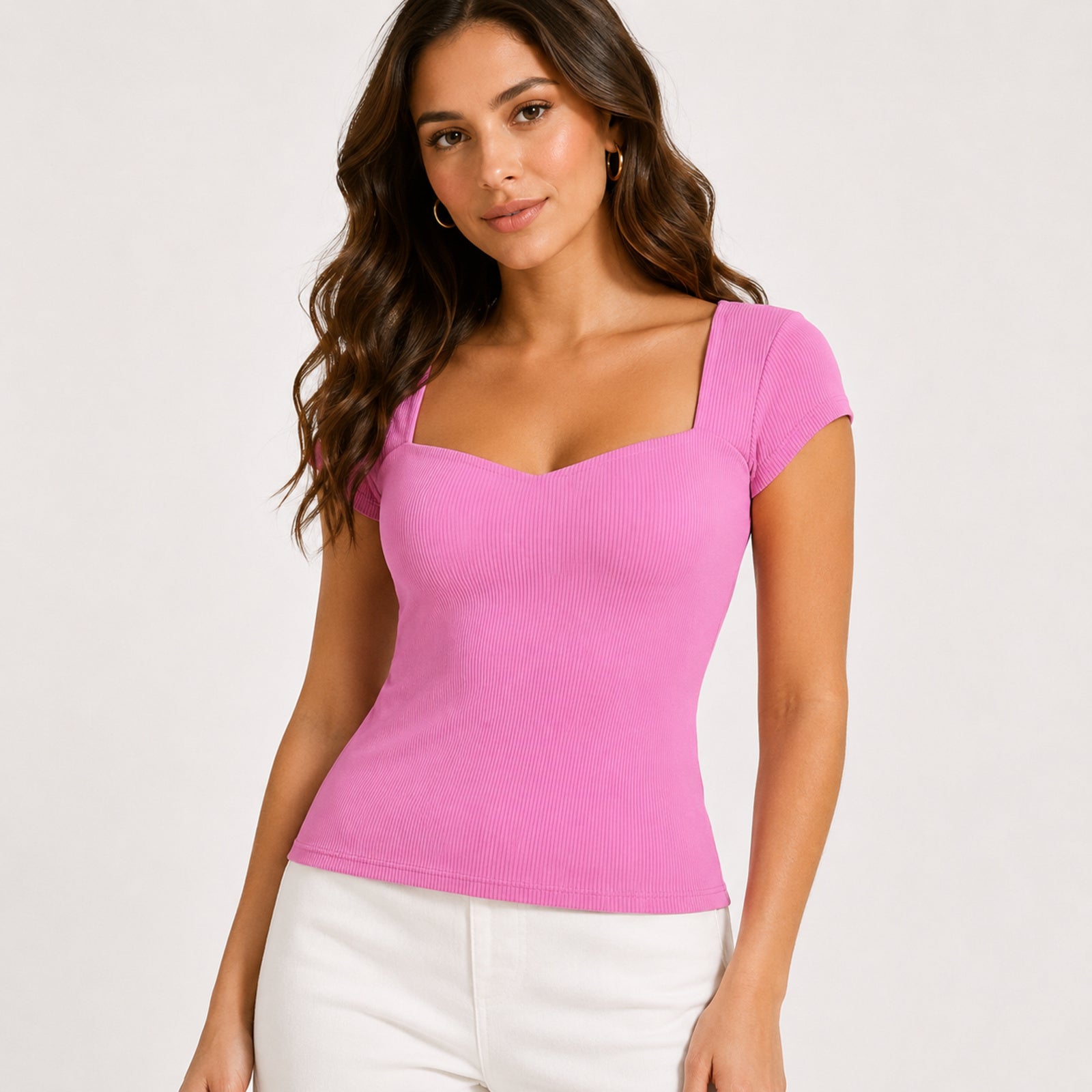 Women's Blush Aura Hot Pink Ribbed Sweetheart Neck Top-3