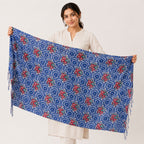 Women's Blue Geometric Printed Tassel Scarf-2