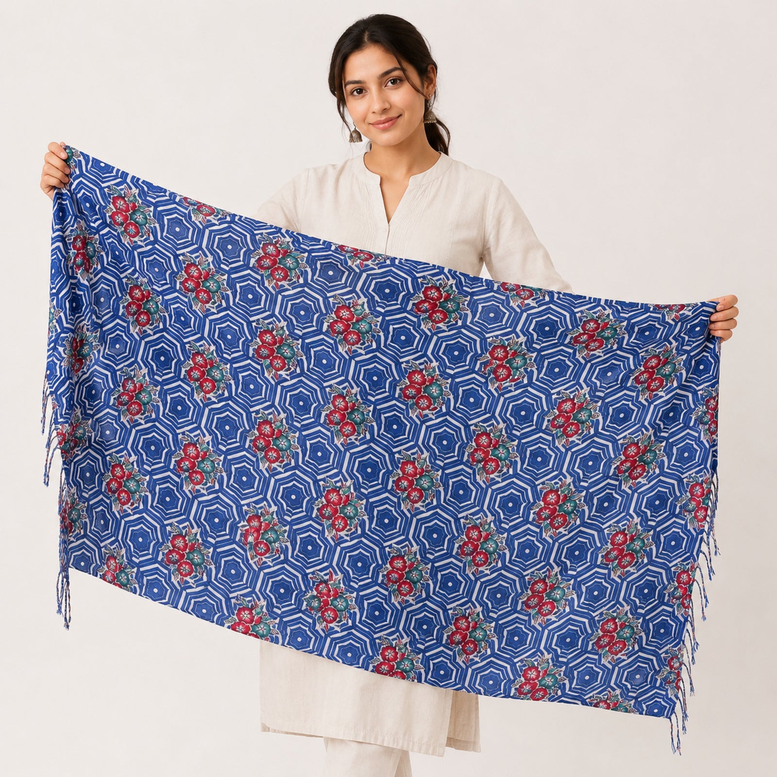 Women's Blue Geometric Printed Tassel Scarf-2