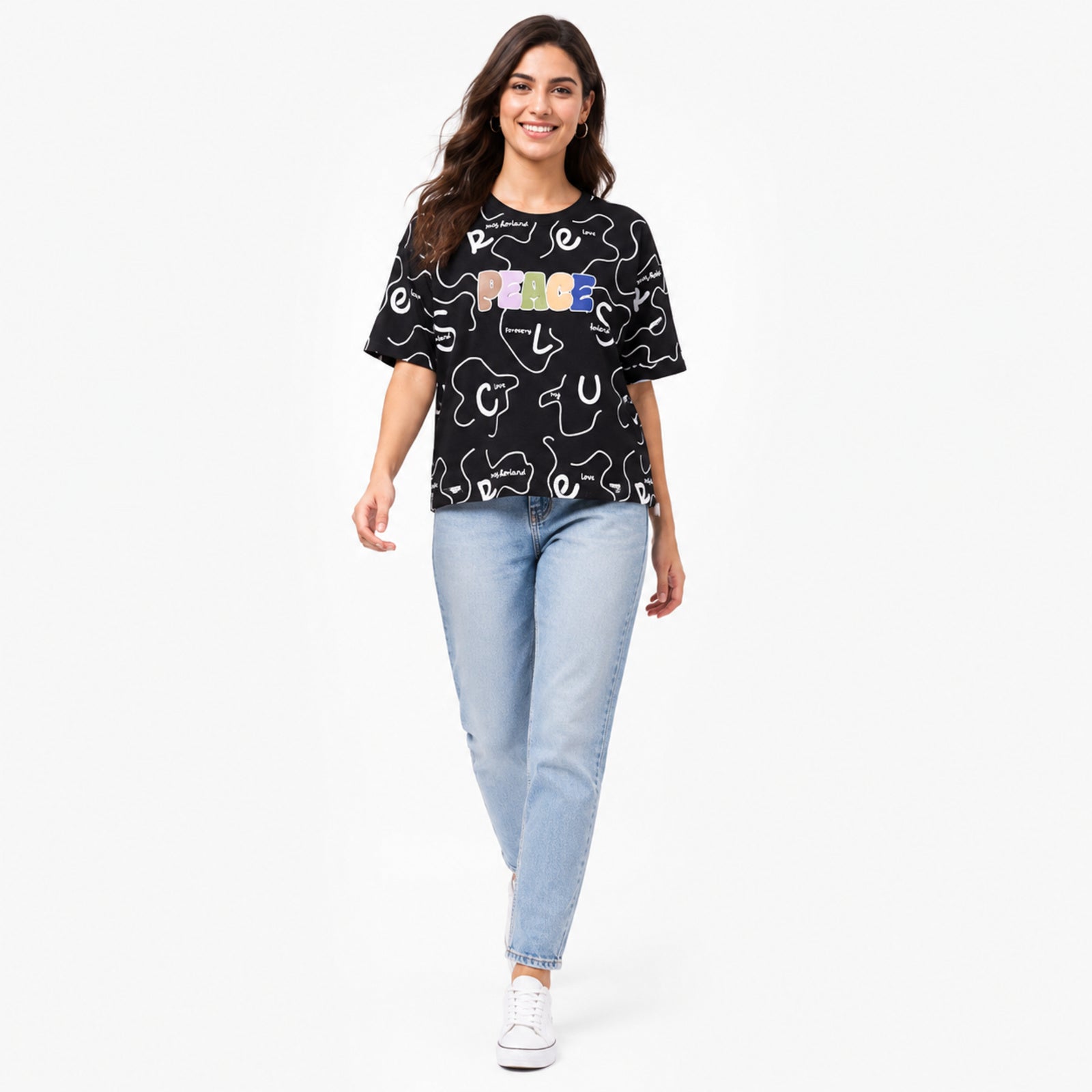 Women's Black Graphic Printed Oversized T-Shirt | Casual Everyday Cotton Tee-1