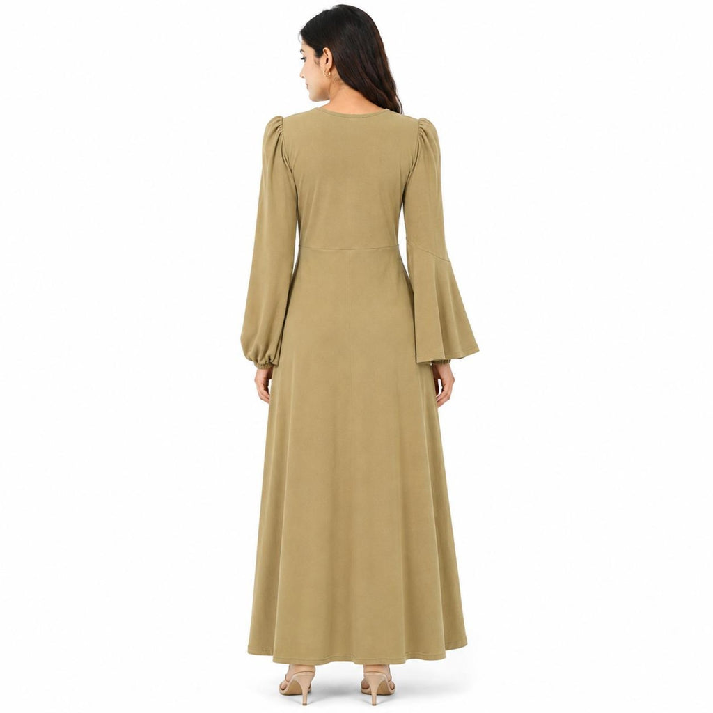 Women's Light Brown V-Neck Maxi Dress with Ruched Front and Bell Sleeves-4