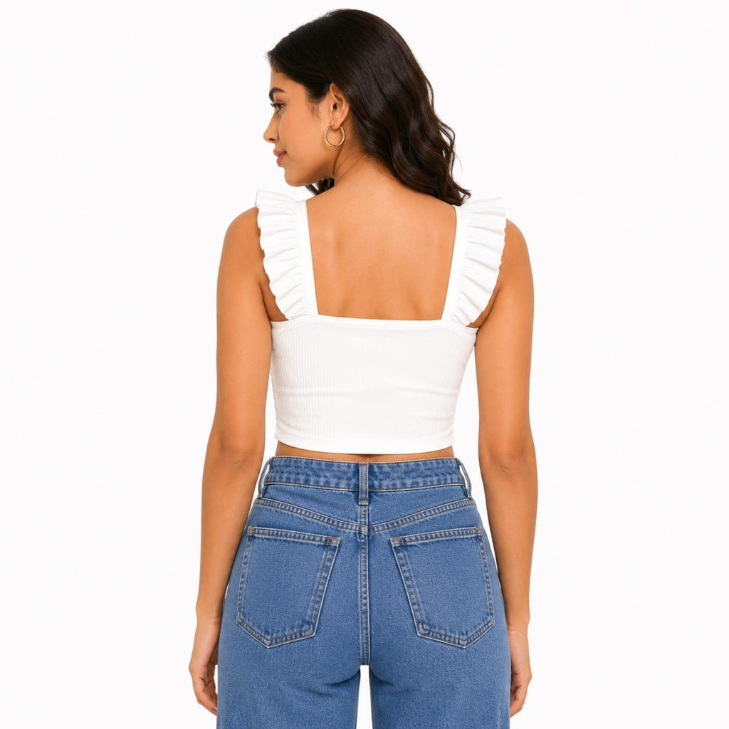 Women's Celestial Alabaster White Ribbed Bustier Top with Layered Frill Straps-3