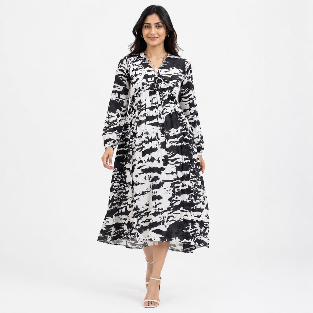 Women's White Abstract Print Flowy Midi Dress with Tie Neck Detail-1