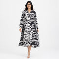 Women's White Abstract Print Flowy Midi Dress with Tie Neck Detail-1