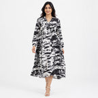 Women's White Abstract Print Flowy Midi Dress with Tie Neck Detail-1
