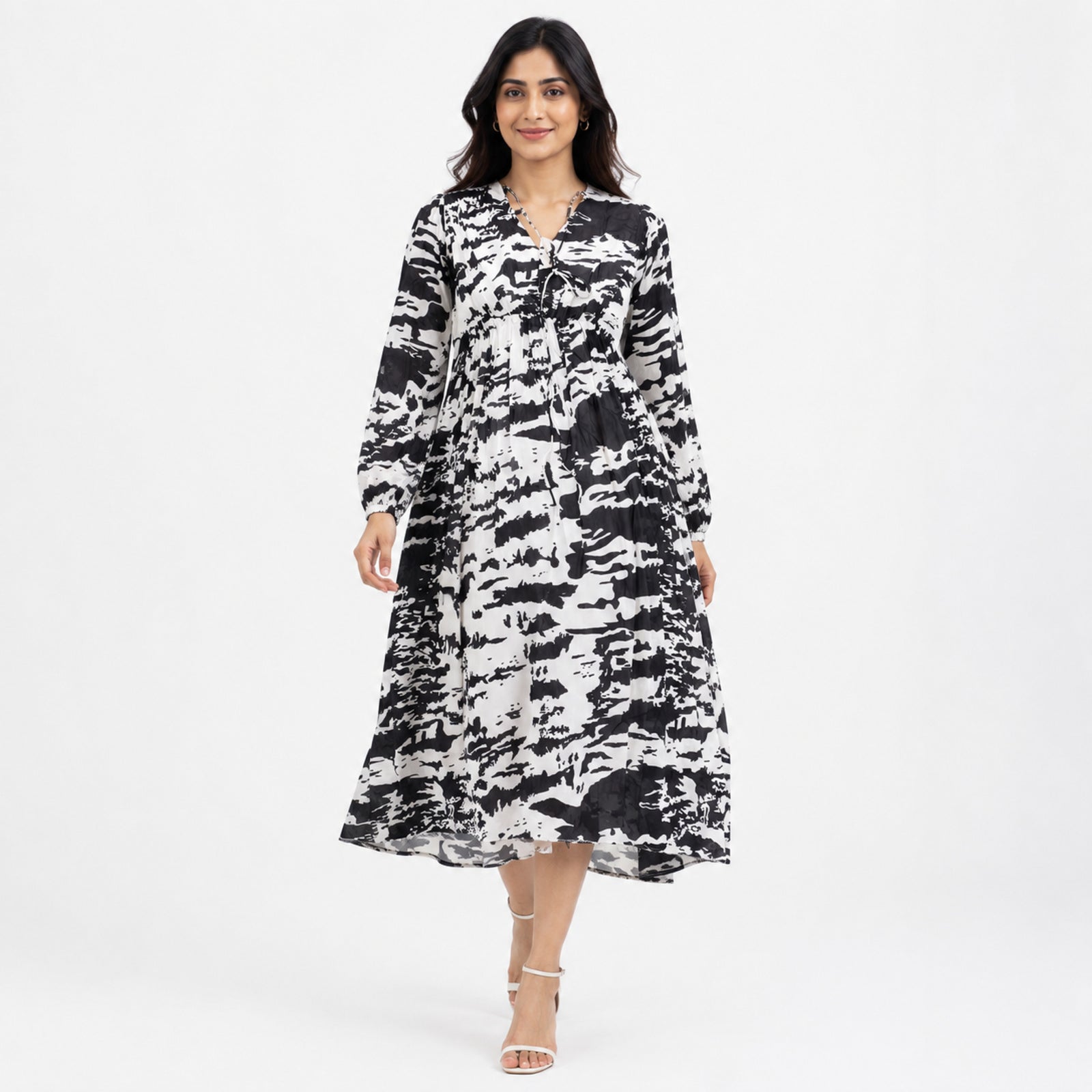 Women's White Abstract Print Flowy Midi Dress with Tie Neck Detail-1
