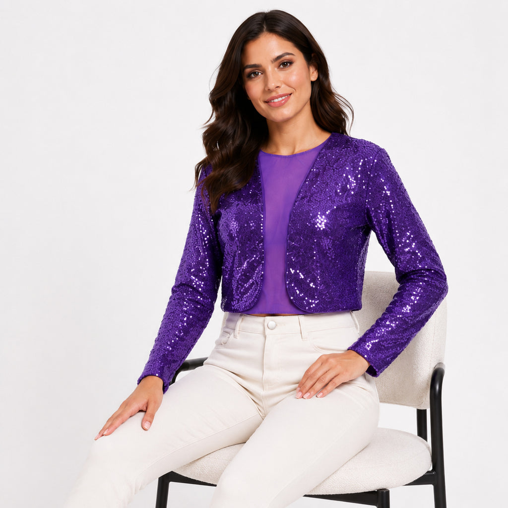 Women's Purple Sequin Mesh Panel Cropped Top | Full Sleeve Party Wear Blouse-3