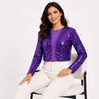 Women's Purple Sequin Mesh Panel Cropped Top | Full Sleeve Party Wear Blouse-3