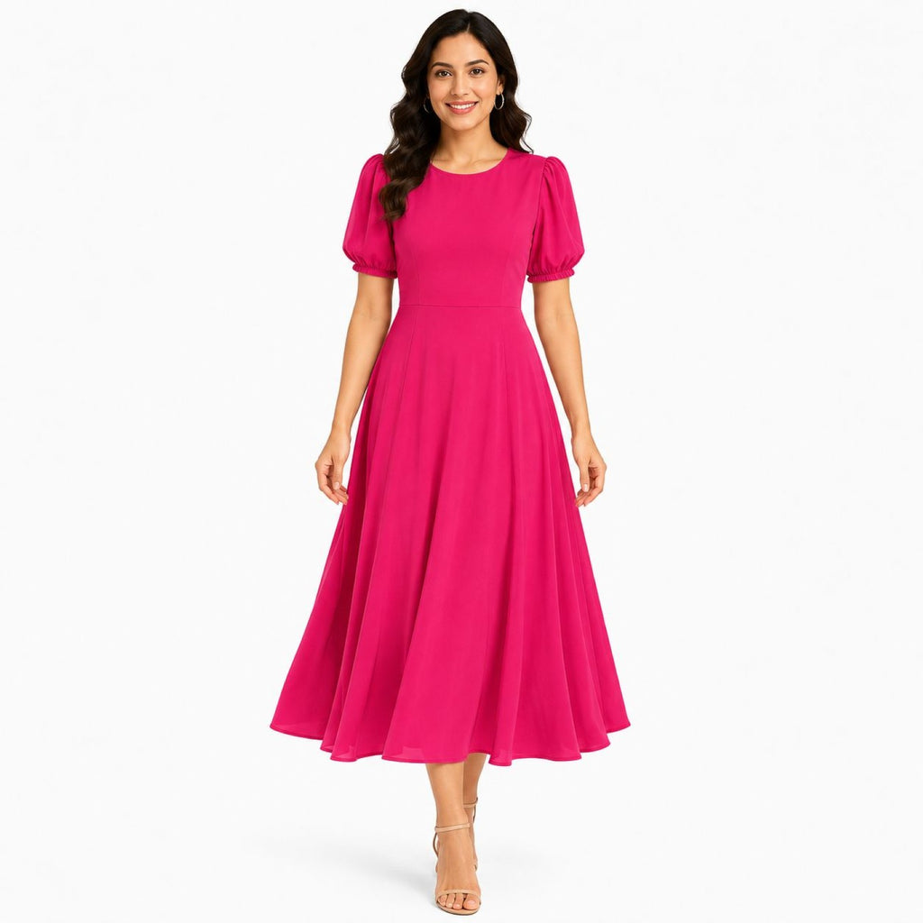 Women's Hot Pink Puff Sleeve Fit & Flare Midi Dress-2