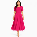 Women's Hot Pink Puff Sleeve Fit & Flare Midi Dress-2