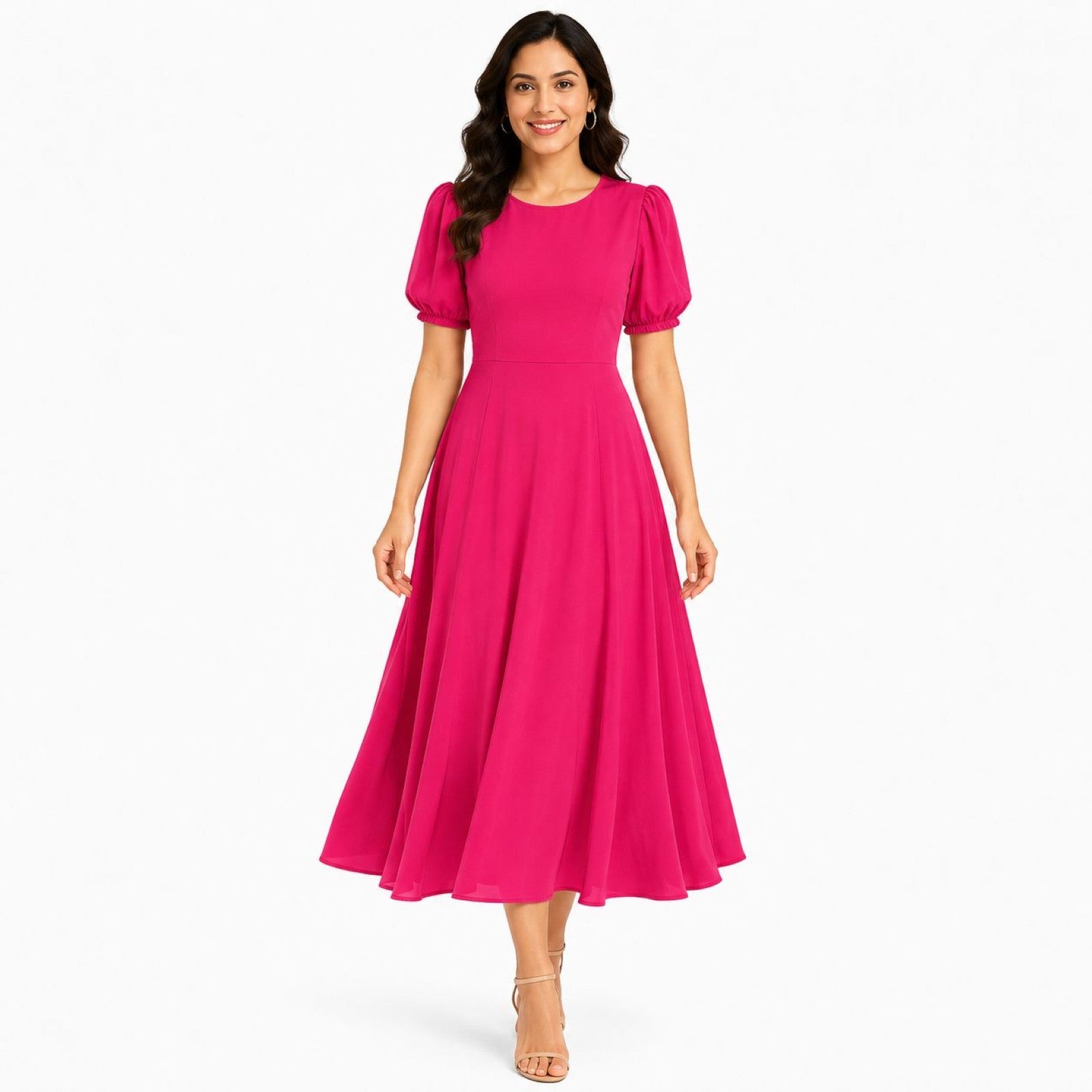 Women's Hot Pink Puff Sleeve Fit & Flare Midi Dress-2